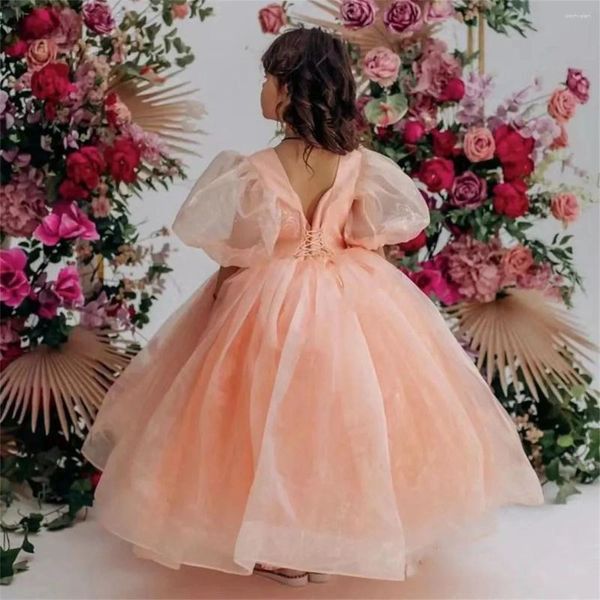 Abiti da ragazza Simpatico abito a fiori rosa per matrimoni Tulle soffice lunghezza del pavimento maniche corte Abiti da ballo per prima comunione per feste di compleanno per bambini