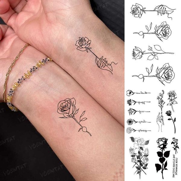 5 STÜCK Temporäre Tattoos Wasserdicht Temporäre Tätowierung Aufkleber Kleine Mini Rose Bouquet Linear Black Fake Tatto Arm Hand Tatoo Mann Frau Kind Glitter Tato Z0403