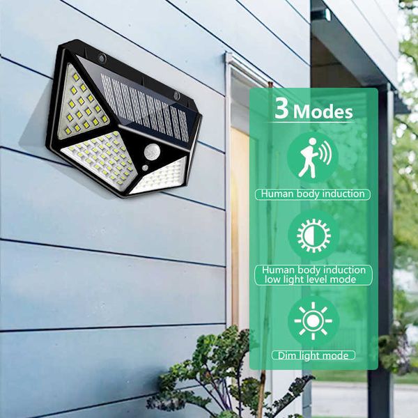 Neuheit Beleuchtung 100 LED Solarleuchte 3 Modi PIR Bewegungssensor Sonnenlichtbetriebene Wandleuchte Wasserdichte Gartendekoration Weitwinkelleuchte P230403