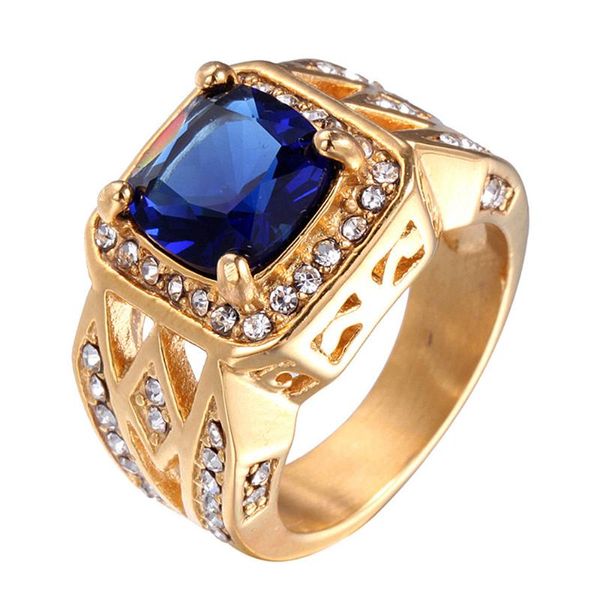 Anelli a grappolo Vintage Royal Blue Crystal Sapphire Topaz Gemstones Diamond Masculine For Men 18k Gold Filled Stainless Steel Jewelry Band