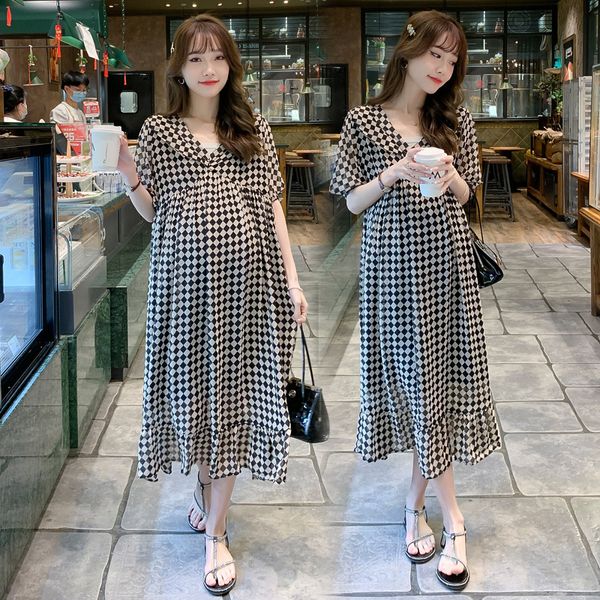 Umstandskleider 8810 # Sommer Korean Fashion Plaid Schwangere Frauen Langes Kleid Süß und Elegant A-Linie Lose Umstandsmode 230404