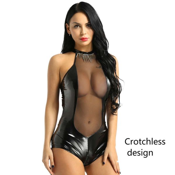 Costume sexy erotico sexy senza cavallo in lattice body in rete lingerie seno esponendo trasparente trasparente attraverso il vestito con apertura sul cavallo in pelle catsuit