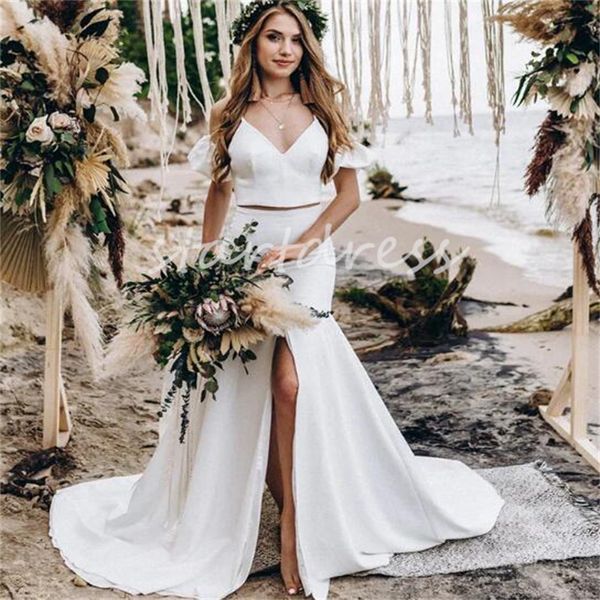 Ziviles zweiteiliges Boho-Hochzeitskleid mit kurzen Ärmeln, elegantem V-Ausschnitt aus Satin, schlichtes böhmisches Strandbrautkleid, sexy rückenfreies Brautkleid, Vestidos De Novia 2024, Casamento