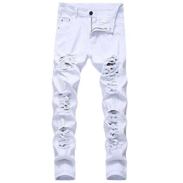 2023Men Rasgado Jeans Branco Vermelho Preto Stretch Slim Fit Primavera Outono Denim Calças Angustiadas Hip Hop Streetwear Biker Jeans Calças X0621