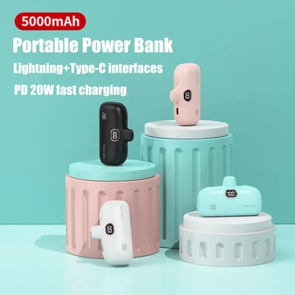 Mini Power Bank 5000MAh Interfaccia luminosa Batteria esterna portatile Caricabatterie portatile compatto Caricatore a carica rapida di tipo C da 20 W