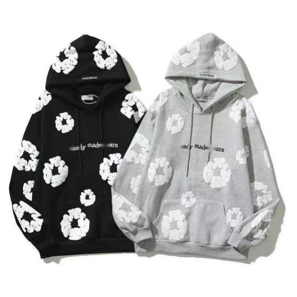 Erkek Hoodies Sweatshirts Gözyaşları Hazır Vintage Pamuk Çelenk Üç Boyutlu Köpük Kapok Baskılı Graffiti Gevşek Nakış Mektubu Çiçek Baskı