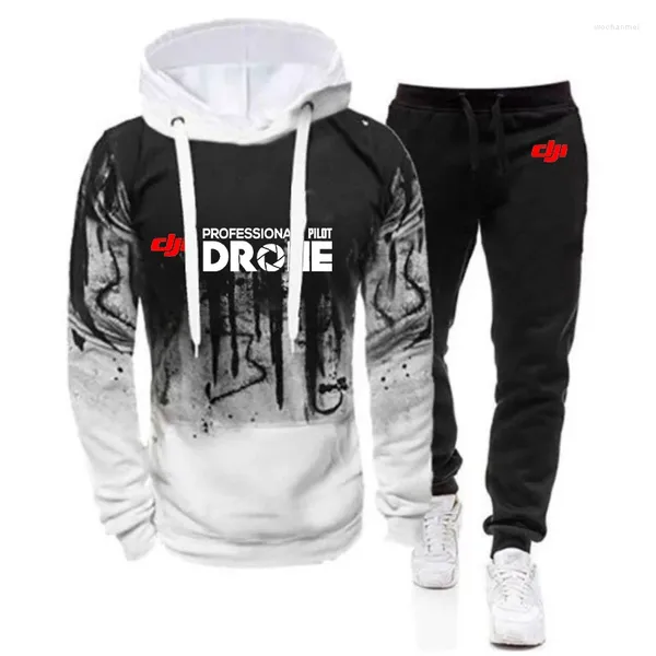 Fatos masculinos Dji Profissional Piloto Drone Homens Primavera Outono Impressão Pulôver Hoodie Calças Casuais Confortável Gradiente Ternos de Duas Peças