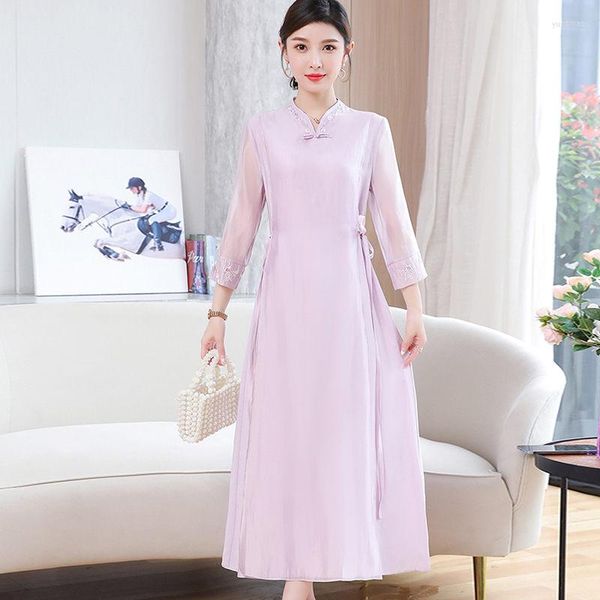 Abiti casual Abiti Zen Abbigliamento femminile stile cinese Hanfu Abito Cheongsam migliorato Moda elegante Ricamo Lino Qipao Per le donne Estate H1382