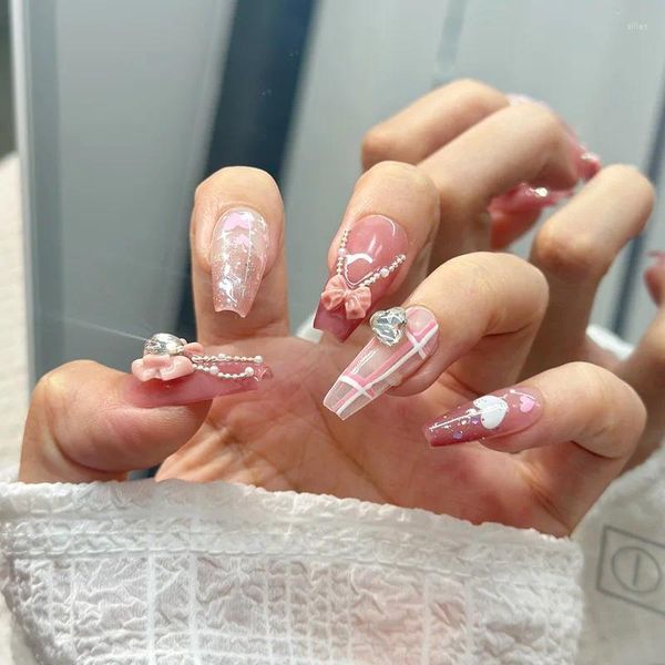 Unhas falsas avançadas pura luz artesanal luxo high-end desgaste prego rosa xadrez explosão flash doce irmã arco acrílico imprensa com design