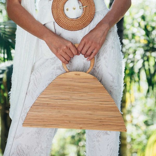Bolsa noturna nova saco de praia de bambu feminina maçaneta de madeira vintage metade
