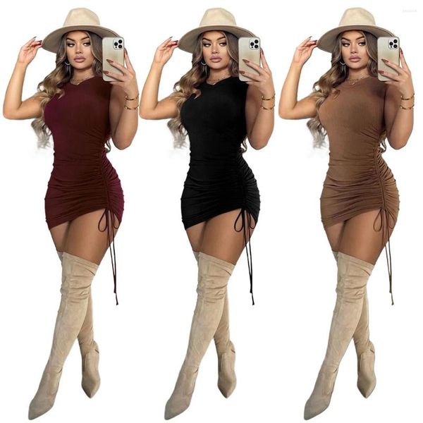 Vestidos casuais qiwn feminino único lado plissado retro cor pura algodão pele-amigável tecido verão magro sexy vestido de manga curta