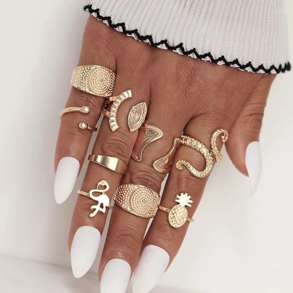 Cluster Ringe Bohemian Gold Farbe Geometrische Fingerring Set für Frauen Retro Legierung Vogel Ananas Joint Schmuck Geschenk