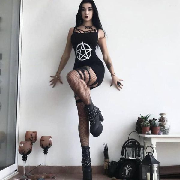 Vestidos casuais Moda Mulheres Sexy Estrela Estamada Punk Gothic Bodycon Meni aparelho de vestido de mangas Bandagem Mini