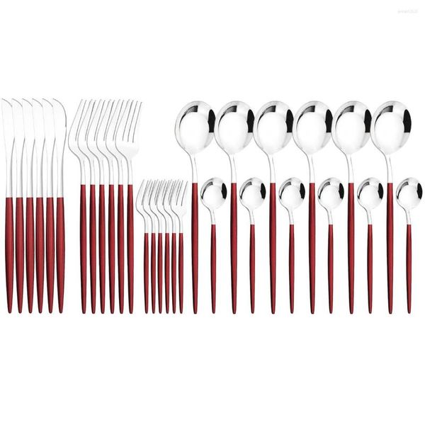 Set di stoviglie 30 pezzi Set di posate in acciaio inossidabile rosso argento occidentale Cucchiai per la cena Cucchiai per torte Forchetta Coltello Stoviglie Posate da cucina