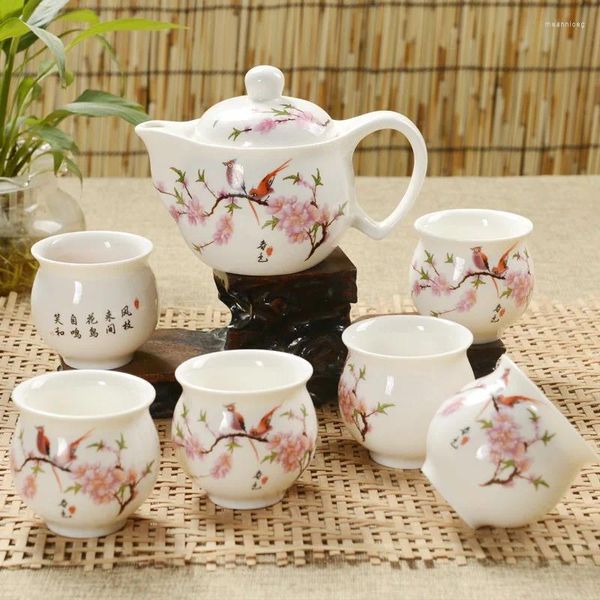 Teegeschirr-Sets Jingdezhen 7-teiliges Tee-Set aus blauem und weißem Porzellan, doppelwandige Tasse, kreative Blumen-Drachen-Berg-Teekanne