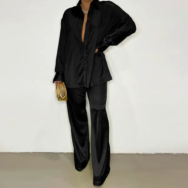 Calças femininas de duas peças cor sólida 2 peças conjunto casual moda combinando camisa feminina perna larga elegante botão de cetim camisas pullovers outfits