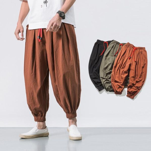 Calça masculina homem lençador de linho de verão hip hop harém homens joggers pretos grades prateleira elástica cintura elástica gotas de moletom súatra