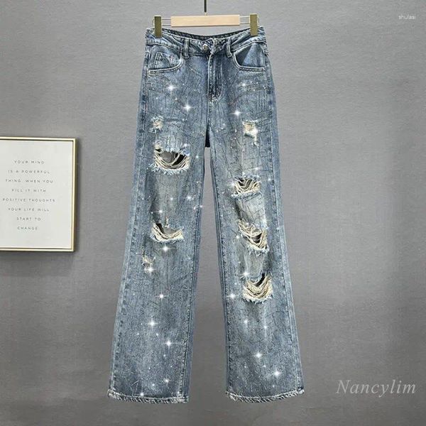 Женские джинсы с рваными широкими штанинами, весна-лето 2023, свободные и утягивающие брюки с высокой талией и тяжелой вышивкой