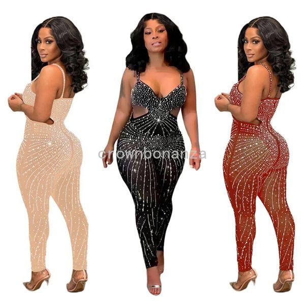 Designer-Jumpsuits mit Strass-Diamanten für Damen, Spaghettiträger, Strampler, sexy Mesh, transparent, durchsichtig, Jumpsuits, Party, Nachtclub, Kleidung im Großhandel