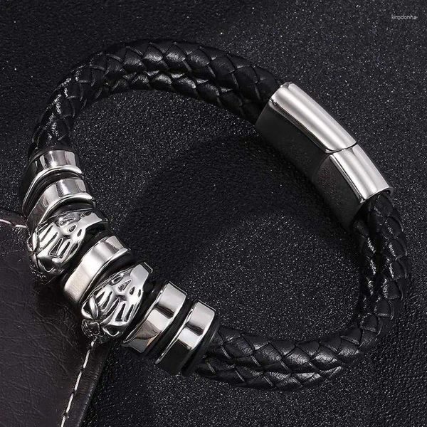 Charm Bilezikler Punk Çift Örgülü Deri Bileklik Man Mücevher Paslanmaz Çelik Kafatası Erkek Manyetik Toka Vintage Bangle Fr0366