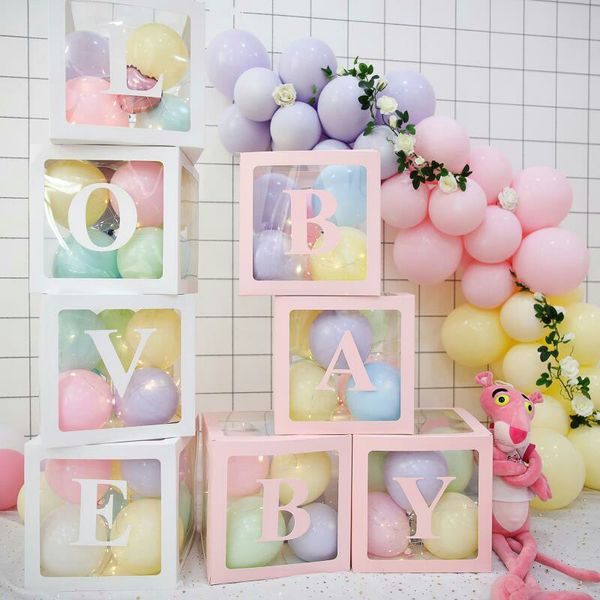 Decorazione per feste Lettera trasparente Scatola per doccia per bambini Compleanno Matrimonio Nome personalizzato Scatola per palloncini 1 ° Compleanno Decorazioni per feste Bambini Babyshower Girl