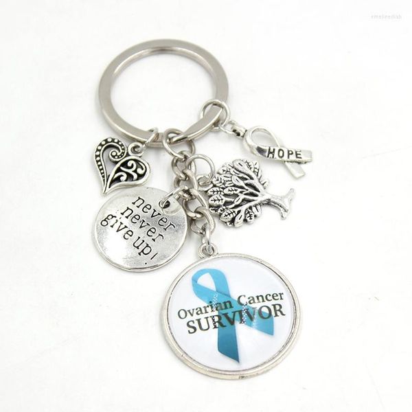 Schlüsselanhänger Ankunft Cabochon Teal Ribbon Ovarian Cancer Survivor Awareness Schmuck Never Give Up Hope Charms Schlüsselanhänger Schlüsselanhänger Geschenk