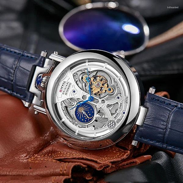 Orologi da polso Tourbillon Orologio da polso meccanico scavato Orologio da uomo automatico Fasi lunari Trasparente in pelle scheletrata maschile