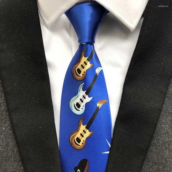 Nœuds papillons Designer Musique pour hommes Cravate imprimée musicale Bleu royal avec cravate de guitares pour concert de musiciens Chœurs chrétiens