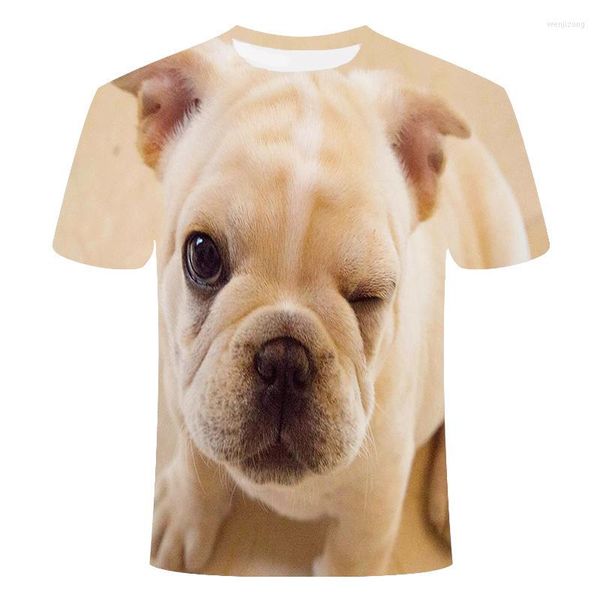 Camisetas masculinas de verão cão fofo cão 3d fotos femininas de personalidade de moda feminina Mangas de paternidade-criança curta