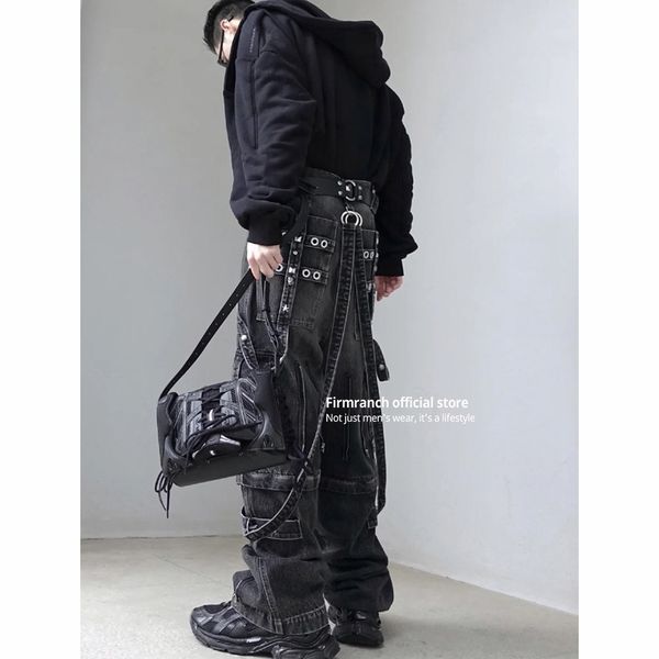 Mens Jeans Firmranch Double Wear Raver несколько карманов Laceup для мужчин Женщины негабаритные умывающие старые мешковатые джинсовые штаны Высокое качество 230404