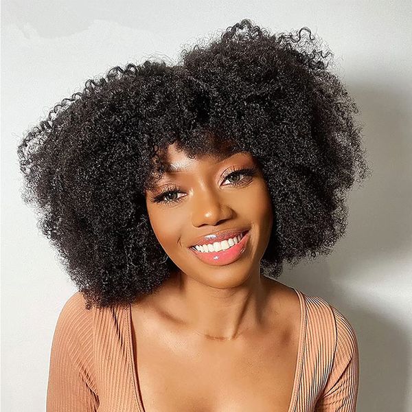 Afro -de -peruca macia e macia para mulheres negras bob, sem renda Remy Cabelo humano brasileiro Sassy Human Hair Wigs Natural Brown Borgonha