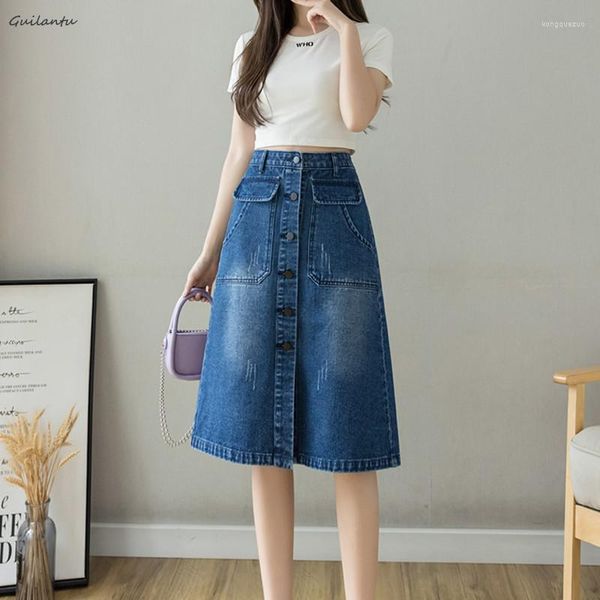 Röcke Frühling Sommer Damen Hohe Taille Jeansrock Korean Style Fashion A-Linie Schlitz Damen Y2k Harajuku Vintage Midi