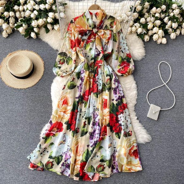 Freizeitkleider Full Garden Spring Series Elegantes bedrucktes Kleid Damen Sommer 2023 Temperament Flower Holiday Long Femme Robes