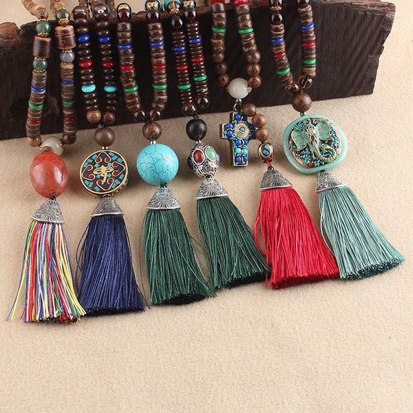 Anhänger Halsketten Vintage Nepal Lange Halskette Für Frauen 2023 Holz Perlen Mit Quasten Großen Ethnischen Böhmischen Glücklichen Indien Schmuck