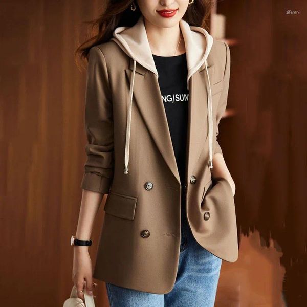 Ternos femininos blazer casaco primavera outono 2023 moda coreano manga longa com capuz terno jaqueta feminina casual blazers casacos topos