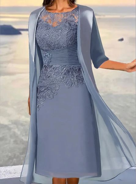 Staubige blaue kurze Mutter der Braut Kleider mit Jacke eine Linie Chiffon Spitzen Applikationen Perlen Bräutigam Abend Partykleid für Hochzeit Plus Größe