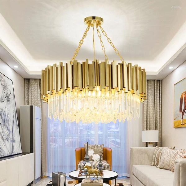 Lampade a sospensione Lampadario moderno in cristallo per soggiorno Lampadari a catena rotondi in acciaio inossidabile color oro di lusso