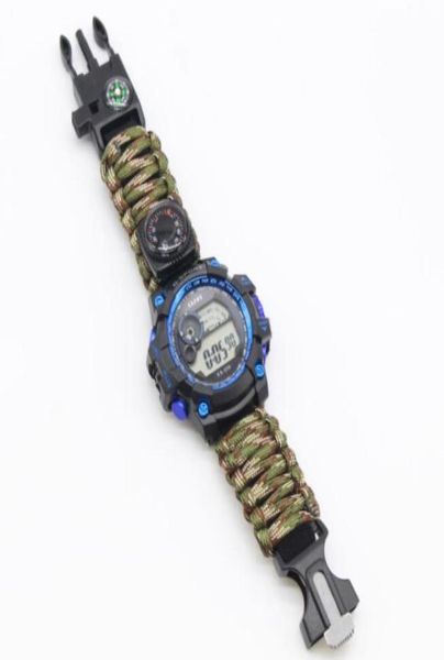 EDC Multi Tools Taktische Armbänder Camouflage Outdoor Camp Wanderung Überleben Uhr Armband Kompass Messer Rettungsseil Paracord Camping4955650
