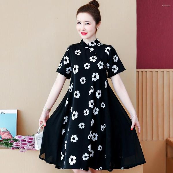 Ethnische Kleidung Damen Schwarz Plus Size Kleid 2023 Sommer Chinesisches Cheongsam Qipao Kurzarm Schaukel Traditionelles Vestidos
