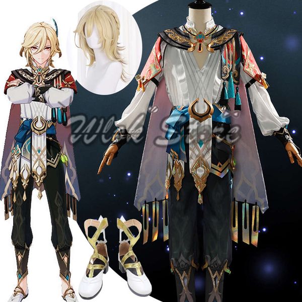 Cosplay Genshin Impact Kaveh Kostüm Anime Cosplay Kleidung Feder Kopfbedeckung Haarnadel Halloween Karneval Party Outfits Perücke Schuhe