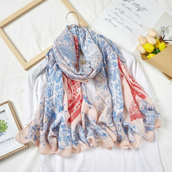 Sarongs outono novo algodão e lenço de linho Cidade da cidade rosa lenço de seda azul 180*90 lenço longo xale decorativo p230403