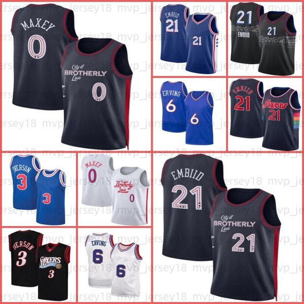 Joel 21 Embiid Tyrese 0 Maxey Maglie da basket Philadelphias 76er Allen 3 Iverson Julius 6 Erving Champagne da uomo