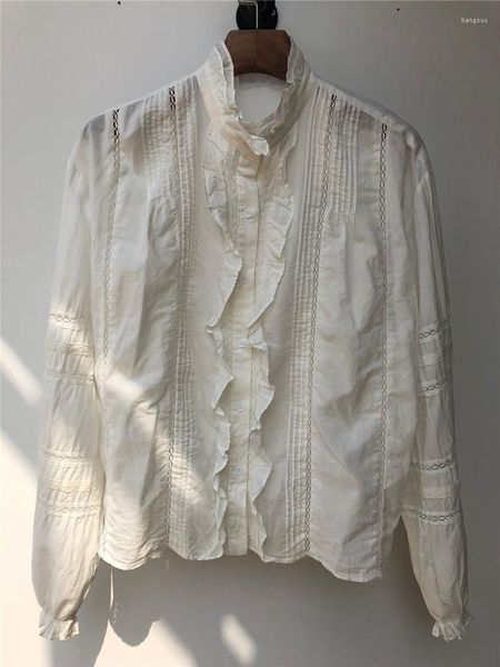 Blouses feminina Camisa de algodão branco Fronted Ruffled Lace Inser