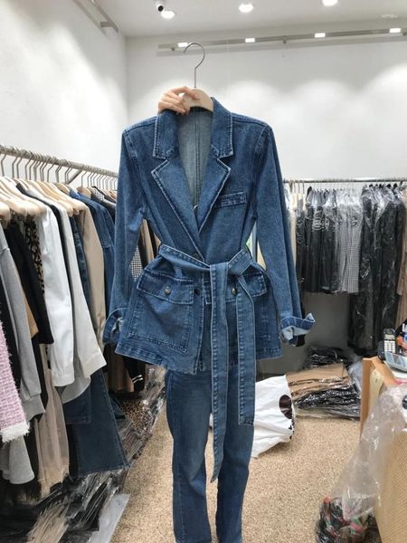 Giacche da donna SuperAen Corea 2023 autunno inverno moda colletto dell'abito ampio elastico manica lunga giacca di jeans cappotto da donna