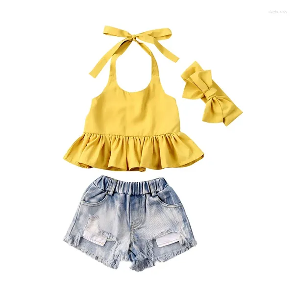 Set di abbigliamento 2023 Senza maniche con spalle scoperte Canotte Pantaloncini di jeans Fascia per capelli Abiti Moda Bambino Bambino Neonata Vestiti Set 3 pezzi