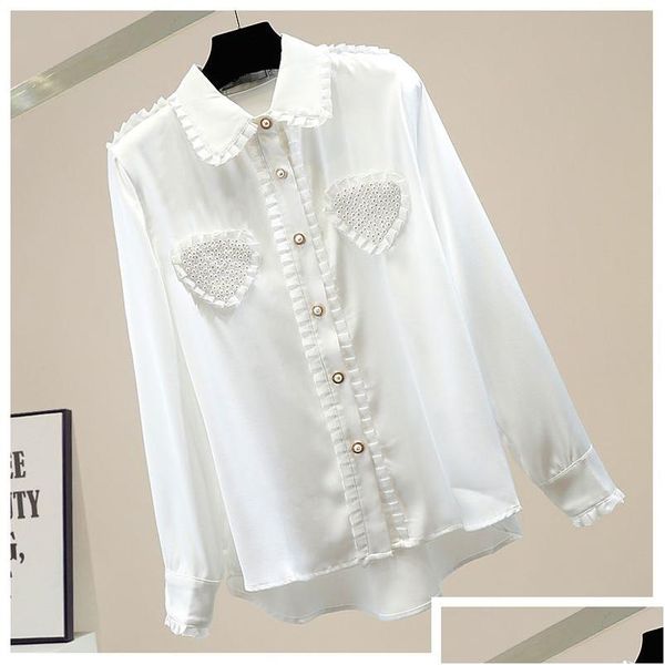 Mulheres Blusas Camisas Mulheres Amor Coração Pérolas Beading Ruffleswork Preto Branco Blusa Outono Coreano Camisa Elegante Manga Longa Sat Dhplw