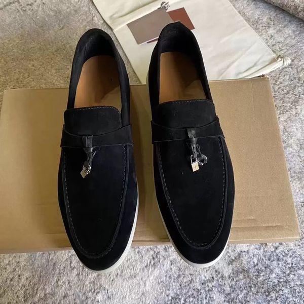 LP Wildleder-Freizeitschuhe für Damen, runde Zehen-Loafer, mentales Dekor, schicker Freizeitschuh, Designer-Luxusmarken-Flats, Slip-on-Turnschuhe mit dicker Sohle, Loros mit Box