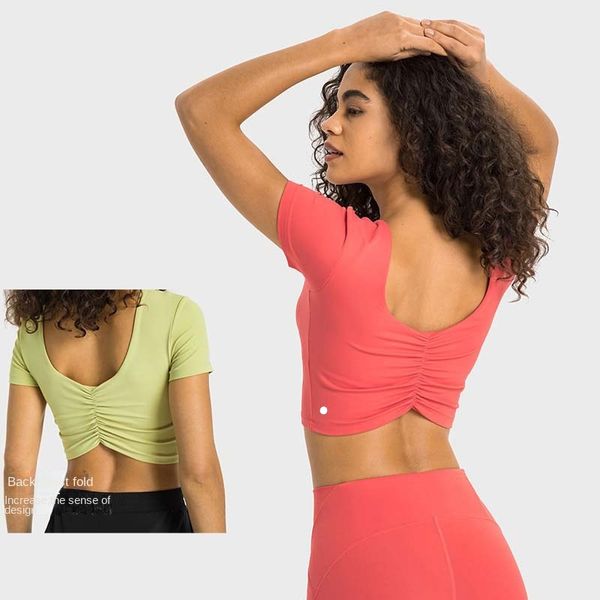 LU Padded Yoga Short Sleeve Folded Beauty Back Slimming Running Fitness Yoga Clothing Fitness Gym Sexy Nude Elasticity Fitness Outdoor Sports