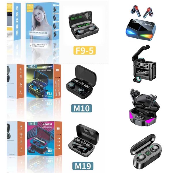 F9 M10 M19 M28 F9-5 TWS Fones de ouvido sem fio Display digital LED Bluetooth 5.3 Fones de ouvido Controle de toque Cancelamento de ruído Esporte Headset Estéreo Fones de ouvido para celular