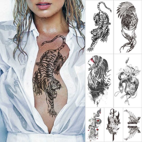 5 Tatuaggi temporanei per PC Adesivo tatuaggio temporaneo impermeabile Tigre Animali della vecchia scuola Tatuaggi flash Prajna Spada Aquila Foresta Body Art Braccio Tatoo falso Z0403